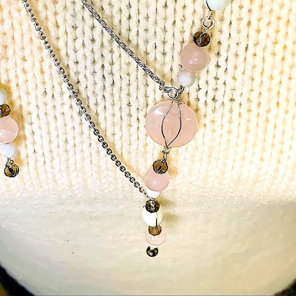 Sterling Silver Rose Quartz Precious Stone Asymmetrical Necklace/ Earrings Set. - Picture 5 of 9